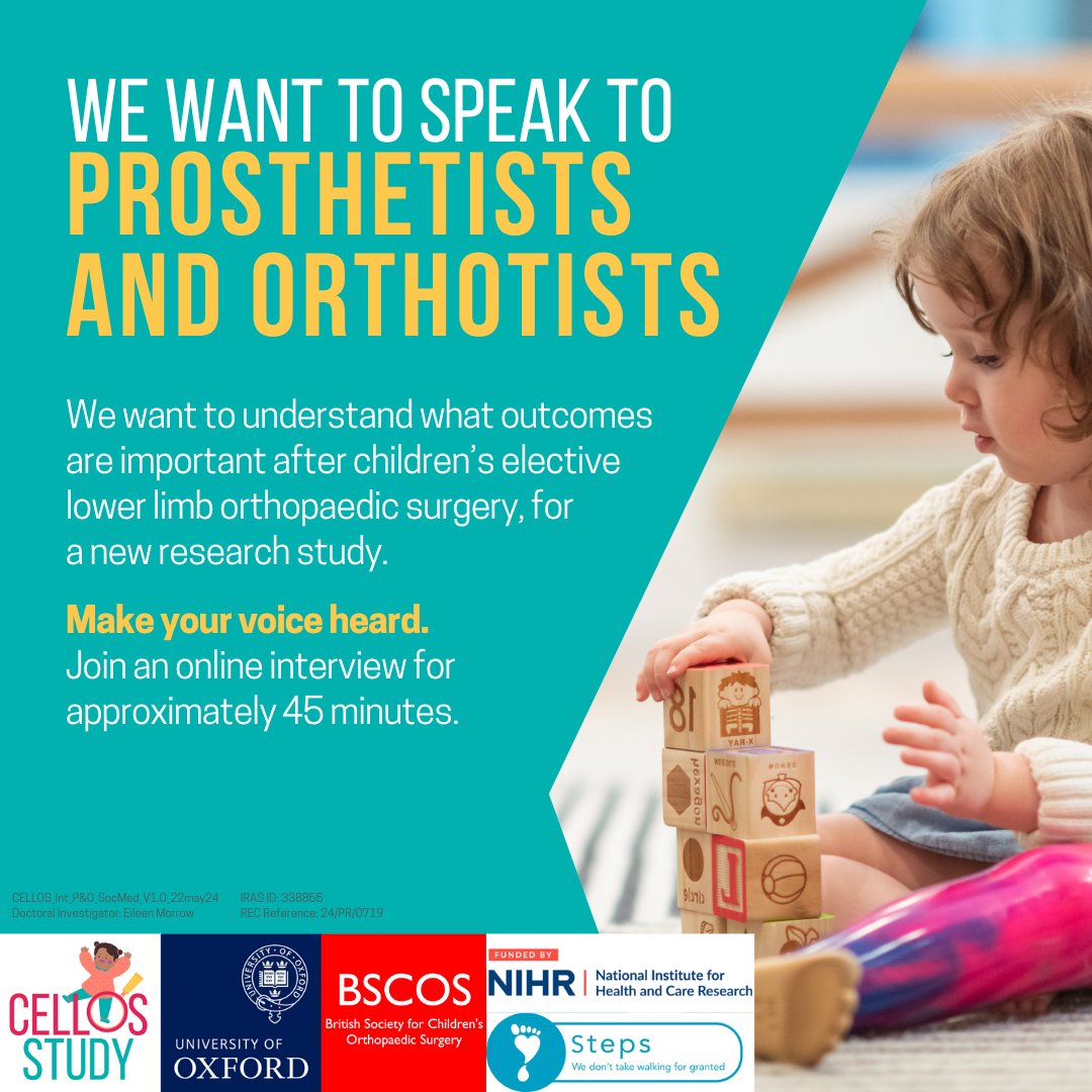 BAPO (@bapo2) on Twitter photo The University of Oxford are looking for Prosthetists & Orthotists to understand what outcomes are important after children have elective lower limb surgery.
<a href="/CELLOSstudy/">The CELLOS Study</a>
Expression of interest here: ow.ly/NMjX50Ta57l
Info here:ow.ly/ucta50Ta57m The University of Oxford are looking for Prosthetists & Orthotists to understand what outcomes are important after children have elective lower limb surgery.
<a href="/CELLOSstudy/">The CELLOS Study</a>
Expression of interest here: ow.ly/NMjX50Ta57l
Info here:ow.ly/ucta50Ta57m