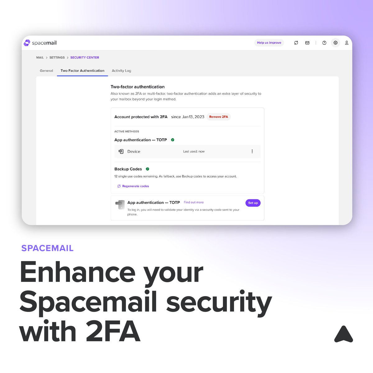 spaceship's tweet image. 🔐 Boost your Spacemail security with our new 2FA feature! Choose between TOTP and U2F for added protection. Stay safe and secure. #SpaceshipTech #2FA #EmailSecurity