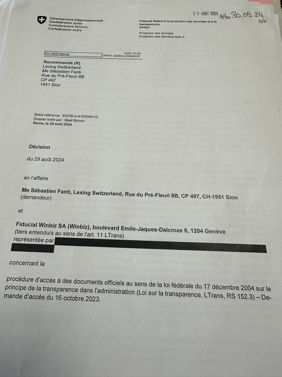 sebastienfanti's tweet photo. L’affaire #winbiz qui avait défrayé la chronique connaît un nouveau développement. Malgré l’opposition de Fiducial Winbiz SA @derBeauftragte accorde l’accès aux documents (ensemble de l’action du préposé pour donner suite à la cyberattaque) sous réserve d’anonymisation de certains passages. Cette décision peut encore être attaquée au Tribunal administratif fédéral.