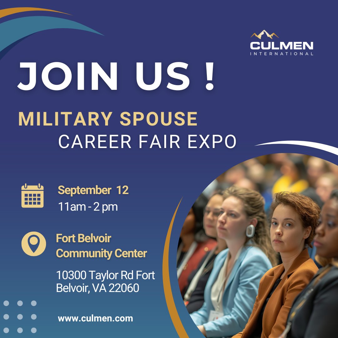 Are you a military spouse looking for a new opportunity? Join us NEXT FRIDAY, September 12th from 11am-2pm at the Fort Belvoir Community Center to learn more about Team Culmen and explore our open opportunities. #Hiringnow #Milspouse