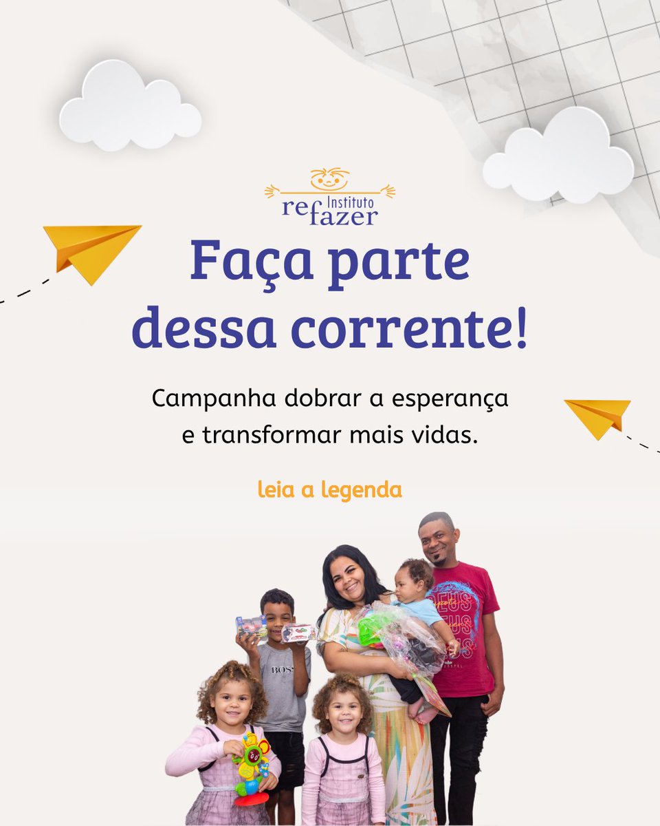 Torne-se um doador e convide 3 amigos para fazer parte da Familia Refazer doar também. Ajude-nos a alcançar mais corações dispostos a fazer a diferença. Cada novo contribuinte é um passo rumo a um futuro melhor para essas crianças. refazer.org.br/doacoes