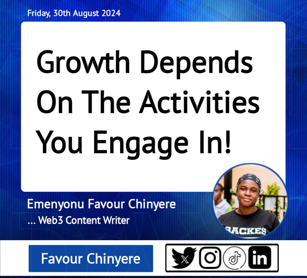 dfavorchinyere's tweet photo. It is either you're working towards your growth, or you're just doing nothing, and doing nothing is hard.
It's #Friday30thAugust2024
GM 💙
#DFavourChinyere
#Web3Ethusiast
#Web3ContentWriter
#InspireNewbies https://t.co/xqeWwwUv6t