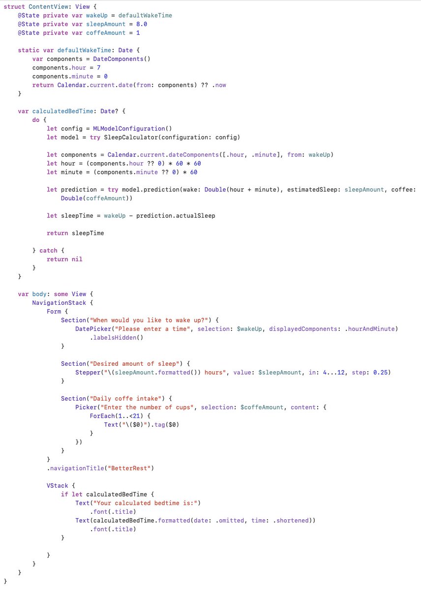 iosdevlearner's tweet image. Just finished Day 28 of the #100DaysOfSwiftUI
The challenge was to change VStacks in the form to Sections, use a picker instead of a stepper and the last thing was to remove a toolbar button to show the calculated sleep time and instead always show it.