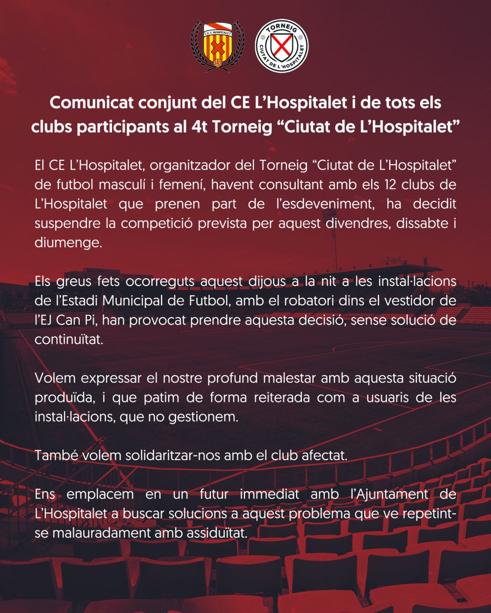 [COMUNICAT]

📋 Comunicat conjunt sobre la suspensió del Torneig "Ciutat de L'Hospitalet"