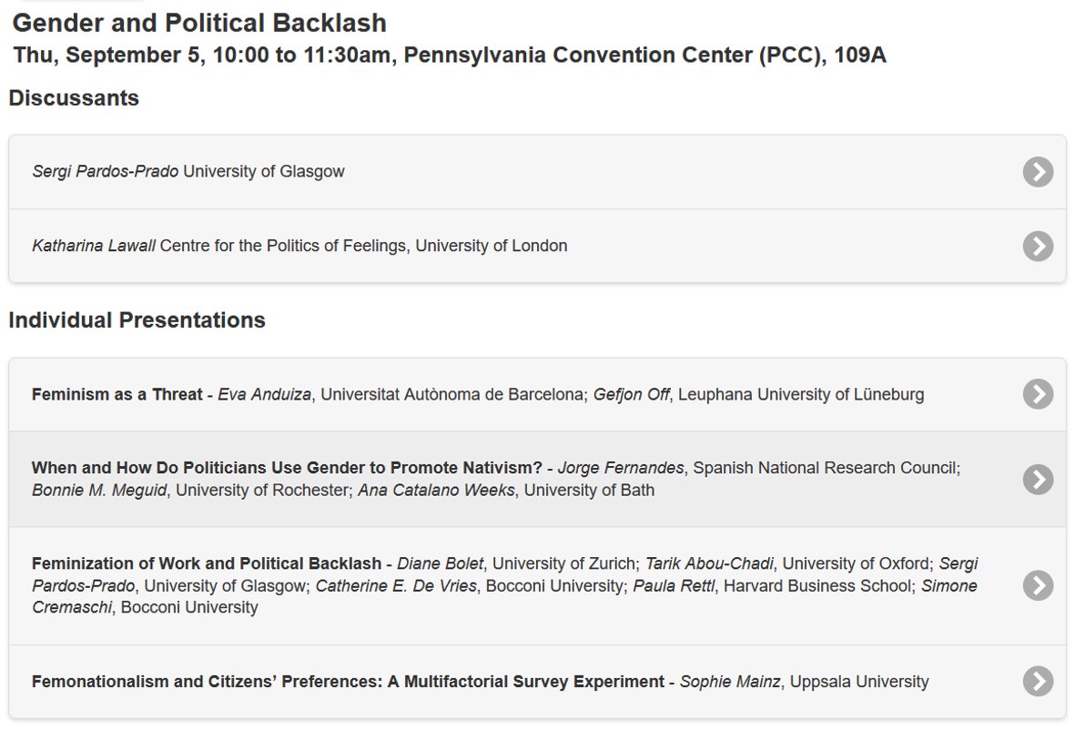 Getting ready for my first <a href="/APSAtweets/">APSA</a>! I'll present work with <a href="/Evaanduiza/">Eva  Anduiza</a> on who perceives 𝗳𝗲𝗺𝗶𝗻𝗶𝘀𝗺 𝗮𝘀 𝗮 𝘁𝗵𝗿𝗲𝗮𝘁 and why - with some puzzling findings. Excited to be on a panel on Gender and Political Backlash next to these very impressive scholars☺️
