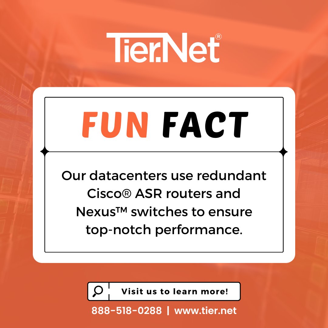 TierNetLLC's tweet image. Curious about the tech behind your hosting? Our datacenters use state-of-the-art Cisco® ASR routers and Nexus™ switches. This redundant setup ensures optimal performance and minimal downtime. 

#tiernet #dedicatedservers #vps #colocation #websitehosting #resellerhosting