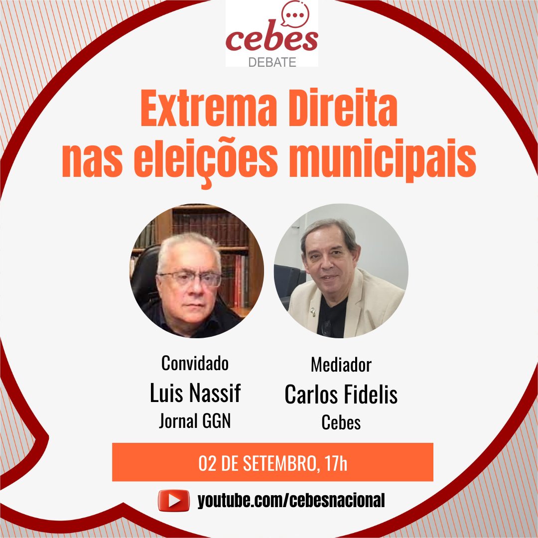 💬 Cebes Debate a extrema direita nas eleições municipais

O <a href="/CebesBR/">Cebes</a> convida o jornalista e analista político <a href="/luisnassif/">Luis Nassif</a> para abordar as dinâmicas que impulsionam a extrema-direita no cenário das eleições municipais de 2024.

Nesta segunda (2) às 17h.
youtube.com/live/vp-FufgHq…