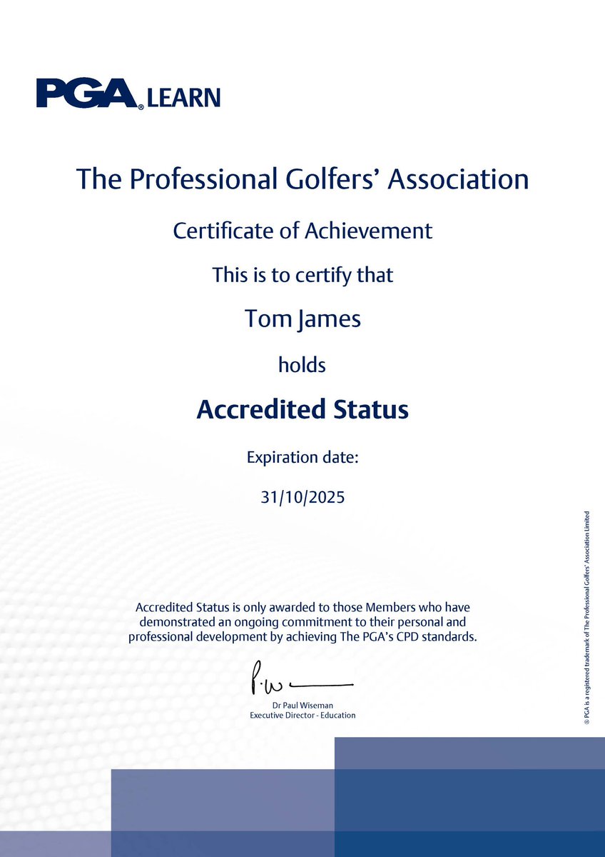 Always proud to stay accredited and keep my PGA Fellow status by <a href="/ThePGA/">The PGA</a> 

PGA Learn allows me to continually develop my coaching knowledge as a #pga member and advance to become a Master of the PGA! 

<a href="/ThePGA/">The PGA</a> @PGAMemberEd 
<a href="/GolfLeicester/">Leicester Golf Centre</a> 

#pgalearn #thepga #bethebest