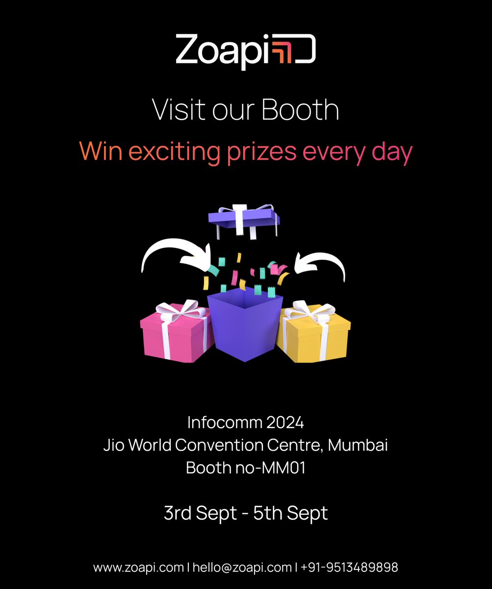 ZoapiInnovation's tweet photo. ๐ Daily Lucky Draw at Infocomm India 2024! ๐
Drop your business card at Booth "MM01" for a chance to win exciting gifts every day!
#InfocommIndia #LuckyDraw #Zoapi https://t.co/wCbvXDtudp