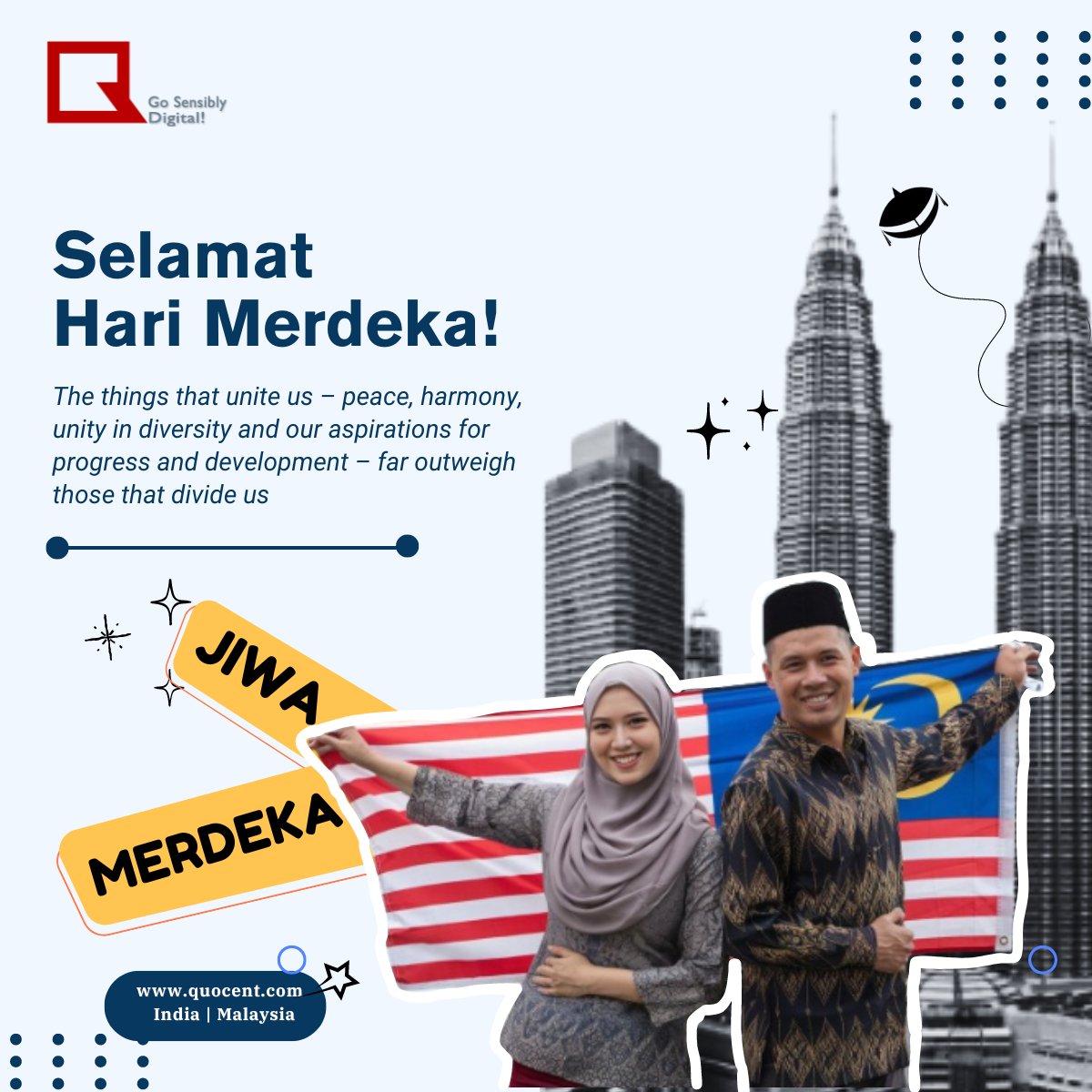 Quocent_tech's tweet photo. 🇲🇾 Selamat Hari Merdeka to all Malaysia citizens!
As we celebrate 67 years of independence, let’s honour our past while embracing the future.
#Quocent #HariMerdeka #DigitalMalaysia #UnityInDiversity https://t.co/eSdg2L8X2h