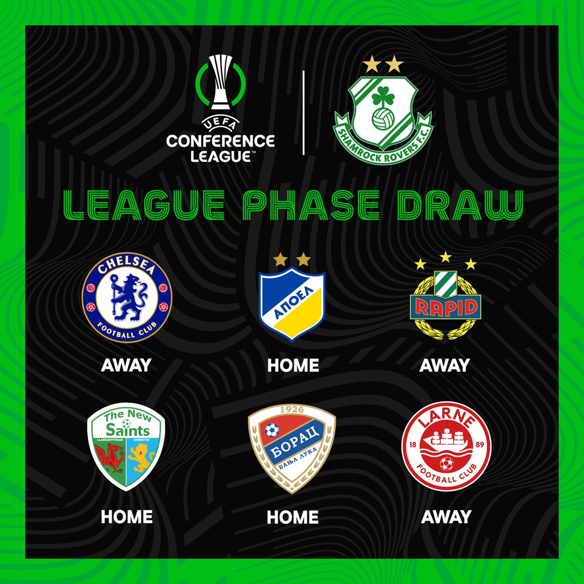 🥁 Our League Phase opponents have now been confirmed...

🏴󠁧󠁢󠁥󠁮󠁧󠁿 Chelsea (A)
🇨🇾 APOEL (H)
🇦🇹 SK Rapid (A)
🏴󠁧󠁢󠁷󠁬󠁳󠁿 The New Saints (H)
🇧🇦 Borac (H)
🔴 Larne (A)

#RoversInEurope l #UECLdraw