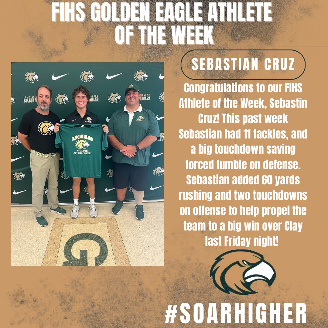 Congrats to this week's FIHS Athlete of the Week, Sebastian Cruz! Sebastian had a stellar week last week to help the team get the win over Clay on Friday night! Sebastian gets it done on the field, and the classroom, he holds a 3.98 weighted GPA! We are proud of you! #SoarHigher