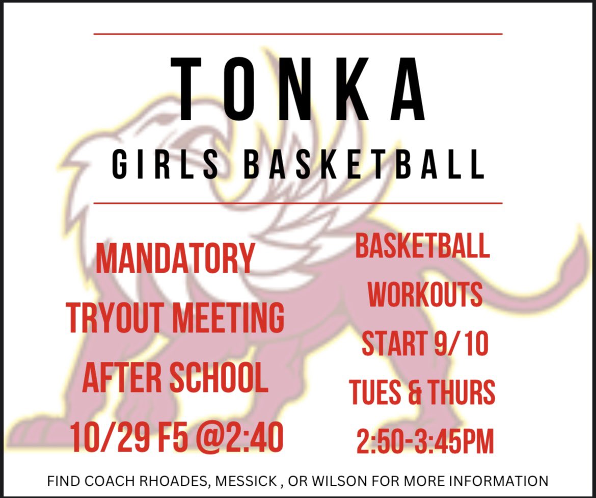 Tonka Girl Basketball Players, here is an update on our next meeting and workouts ❗️ 

“Champions are made in the offseason”
