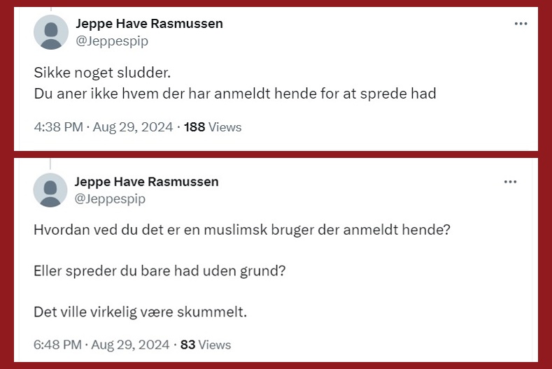 SELEKTIV HYPERSKEPSIS I ISLAMDEBATTEN

I går skrev jeg, at Aisha Khan er blevet permanent suspenderet fra X, efter en muslimsk bruger har anmeldt et af hendes tweets.

Min påstand om, at anmelderen er muslim, har fået en hel stribe personer, jeg normalt aldrig hører fra, til at
