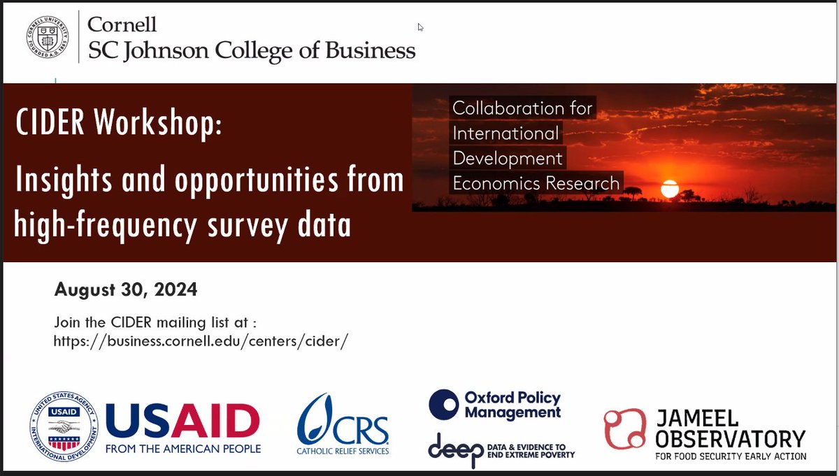 Nathan Jensen (@nd_jensen) on Twitter photo Interested in using high-frequency and longitudinal data to learn about household and environmental dynamics? Check this out! Lots of incredible research led by wonderful people. Thanks to <a href="/UptonJoannaB/">Joanna Upton</a> & <a href="/CatholicRelief/">CatholicRelief</a> for organizing and <a href="/Cornell/">Cornell University</a> for hosting Interested in using high-frequency and longitudinal data to learn about household and environmental dynamics? Check this out! Lots of incredible research led by wonderful people. Thanks to <a href="/UptonJoannaB/">Joanna Upton</a> & <a href="/CatholicRelief/">CatholicRelief</a> for organizing and <a href="/Cornell/">Cornell University</a> for hosting