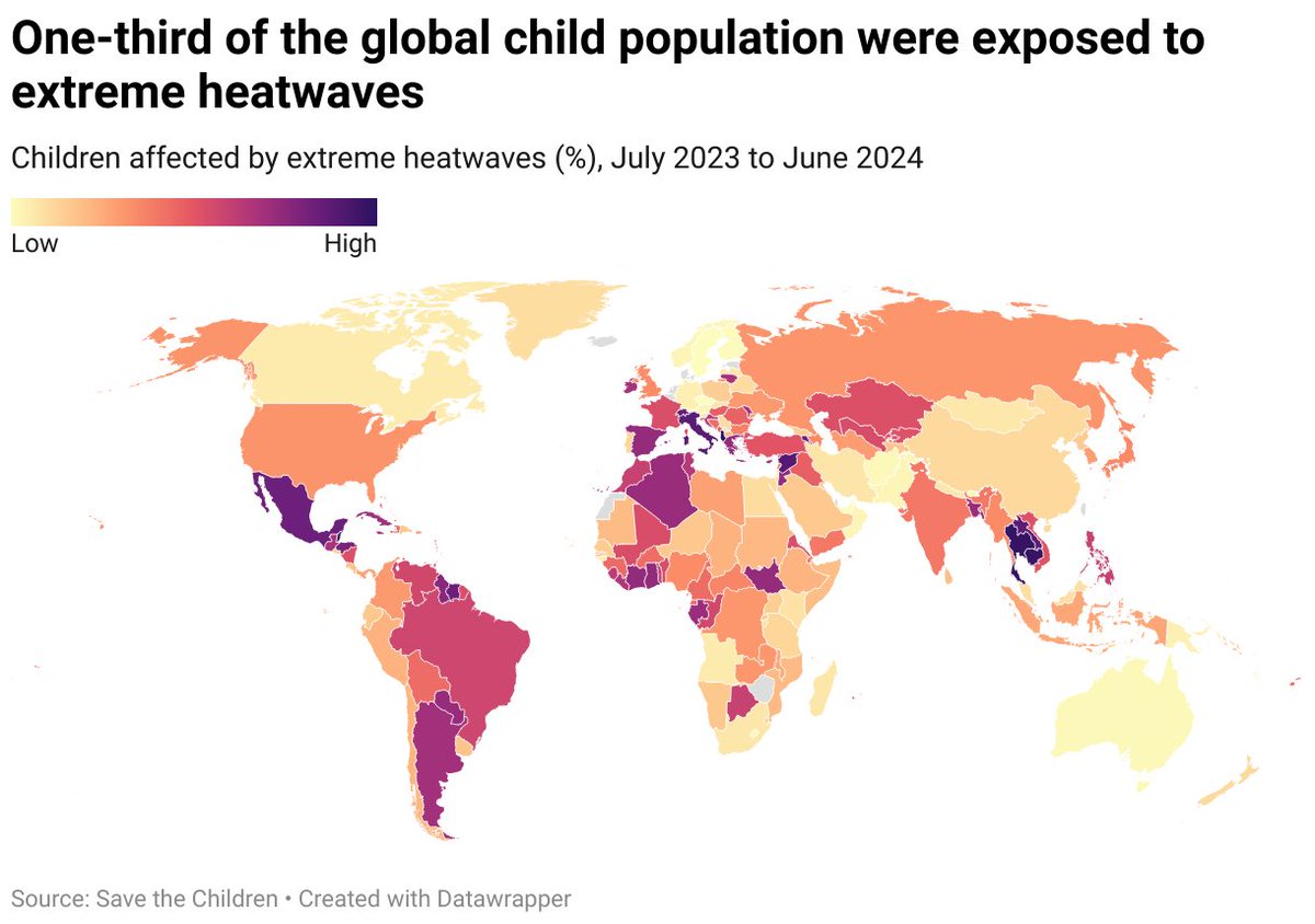 766M children experienced extreme heatwaves between Jul 2023-Jun 2024.

Extreme heat disrupts education, &amp; puts their mental &amp; physical health at risk.

The #ClimateCrisis is threatening children’s lives. But there’s time to change course. #SaveTomorrow👉 bit.ly/3SKaBRI