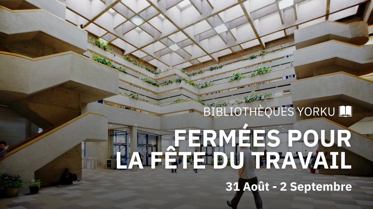 FrostLibrary's tweet image. Les bibliothèques YorkU seront fermées du 31 août au 2 septembre, pour la fête du Travail. Nous serons de retour le 3 septembre pour accueillir les étudiants, anciens et nouveaux. Retrouvez-nous sur le campus lors des activités d’orientation et dites-nous bonjour! 👋

#YorkU