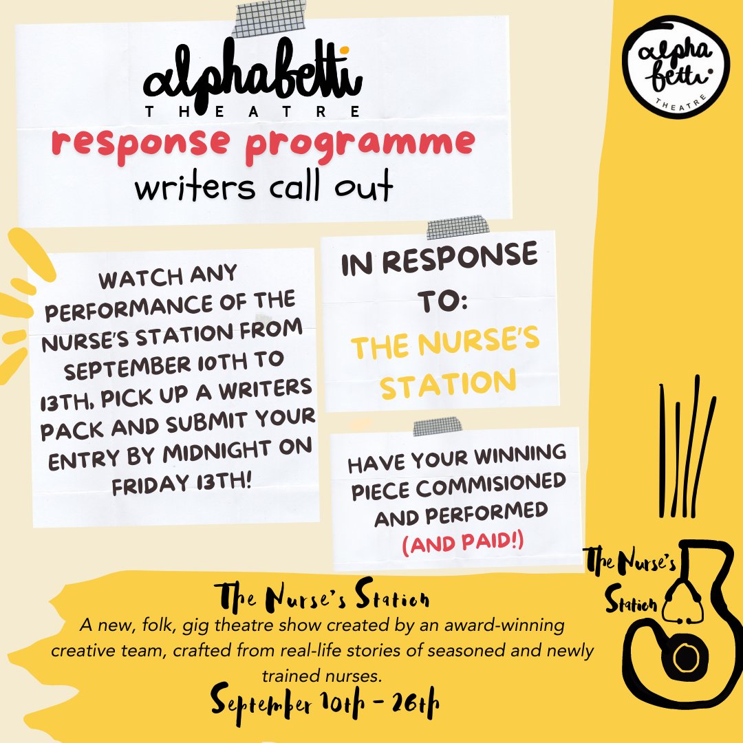 Alphabetti's tweet photo. Writers at the ready! Don't forget you can win ยฃ500 by writing a 10 minute script in response to our newest production The Nurse's Station, starting September 10th AND the winning play will be produced and performed right here at Alphabetti Theatre! โจ๐ https://t.co/qwKqeYkgfC