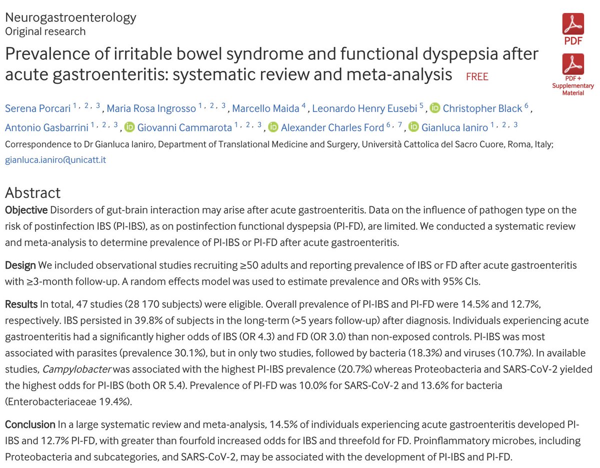 Data definitely resonate with us in ID/GI, who all see people after GI illness (esp post travel) with persistent symptoms, convinced they have an ongoing infection.

Sometimes they do, sometimes they don't. 

Challenging problem! Microbiome issue? doi.org/10.1136/gutjnl…