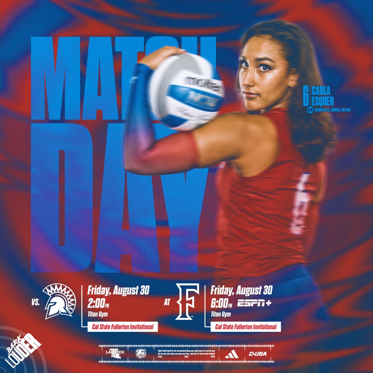 LATechVB's tweet image. IT&apos;S MATCH DAY‼️‼️

🆚 San Jose State | Cal State Fullerton
🕰️ 2 p.m. CT | 6 p.m. CT
🏟️ Titan Gym
📊 bit.ly/4g1B2eN
📺 es.pn/3ANTisc (Cal State Fullerton only)

#BarkLouder