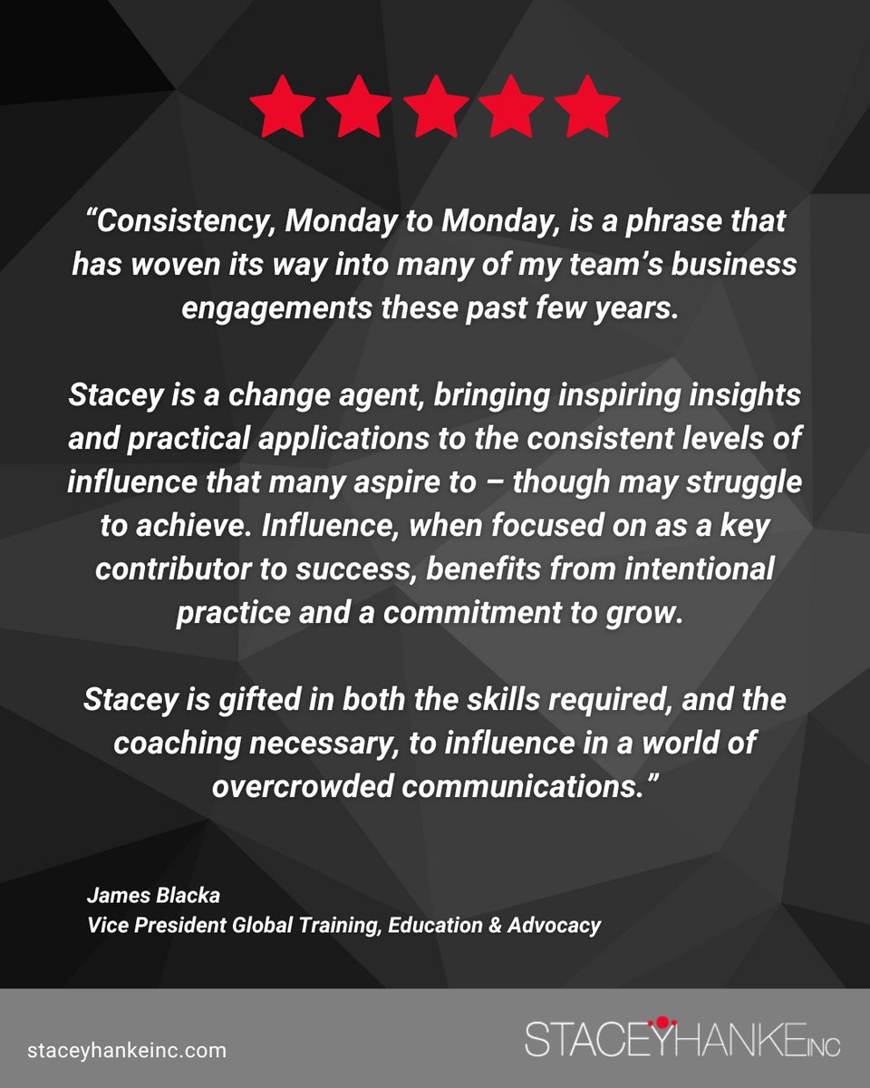 Consistency, Monday to Monday, is a commitment to being an influencer. 

I'm honored to see it become a part of your team’s business engagements! Thank you for the kind words and for embracing this journey with me.

Let's continue to elevate our influence together.

#staceyhan...