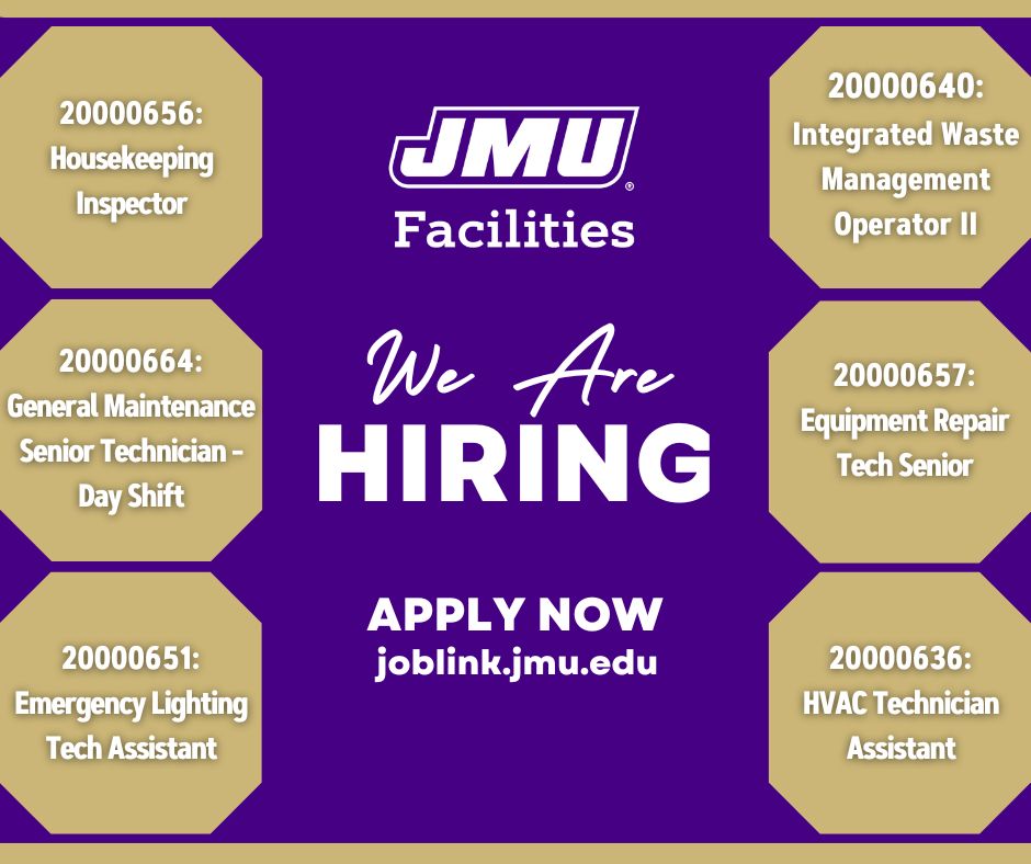 JMUJobs's tweet image. JMU Facilities Management is currently recruiting for several positions! 
Browse the positions and more through referencing the below posting numbers on jobs.jmu.edu/home
#jamesmadisonuniversity #jmu #WasteManagement #facilitiesmanagement #housekeepingjobs #maintenancejobs