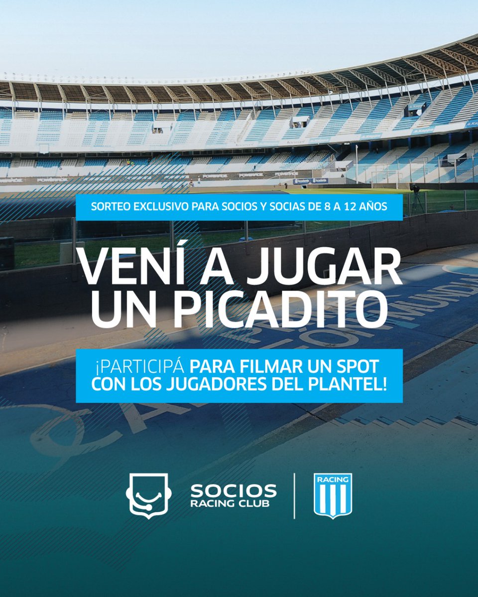RacingSocios's tweet photo. 🩵 ¡SORTEO EXCLUSIVO! 🩶

Ellos pueden cumplir su sueño 🤩💭

Los socios y socias de 8 a 12 años de edad, podrán participar por un cupo para jugar un picadito con los jugadores en el Cilindro y ser parte de un spot del Club ⚽🎥

¿Como participar?
✅ Indicá su nombre y últimos 3 número de socio/a
✅ Cuota de Agosto 2024
✅ RT a la publicación

Sí nos seguís en nuestro canal de WhatsApp (https://t.co/nQ5GnPoqp1), tenés doble chance 🤞✨

⏰ Conoceremos a los ganadores/as mañana sábado 31/08 en nuestro canal de WhatsApp.