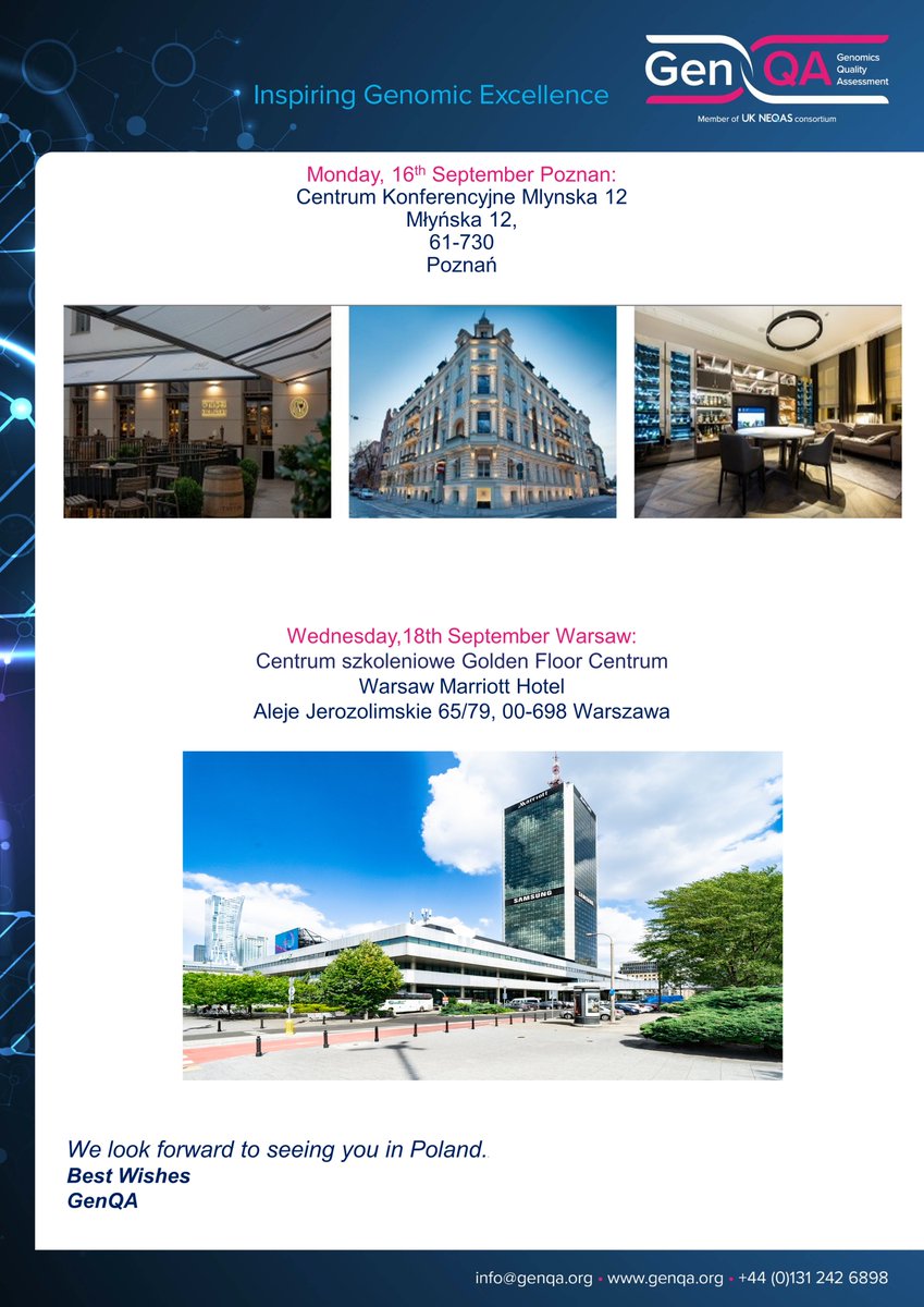 GenQA is pleased to be offering two workshops in Poland, on 'Delivering a High Quality Genomic Diagnostic Testing Service and meeting ISO Requirements' on the following dates:
Poznan: 16th September 2024
Warsaw: 18th September 2024
#EQA #Quality #Genomics #Workshops #Poland