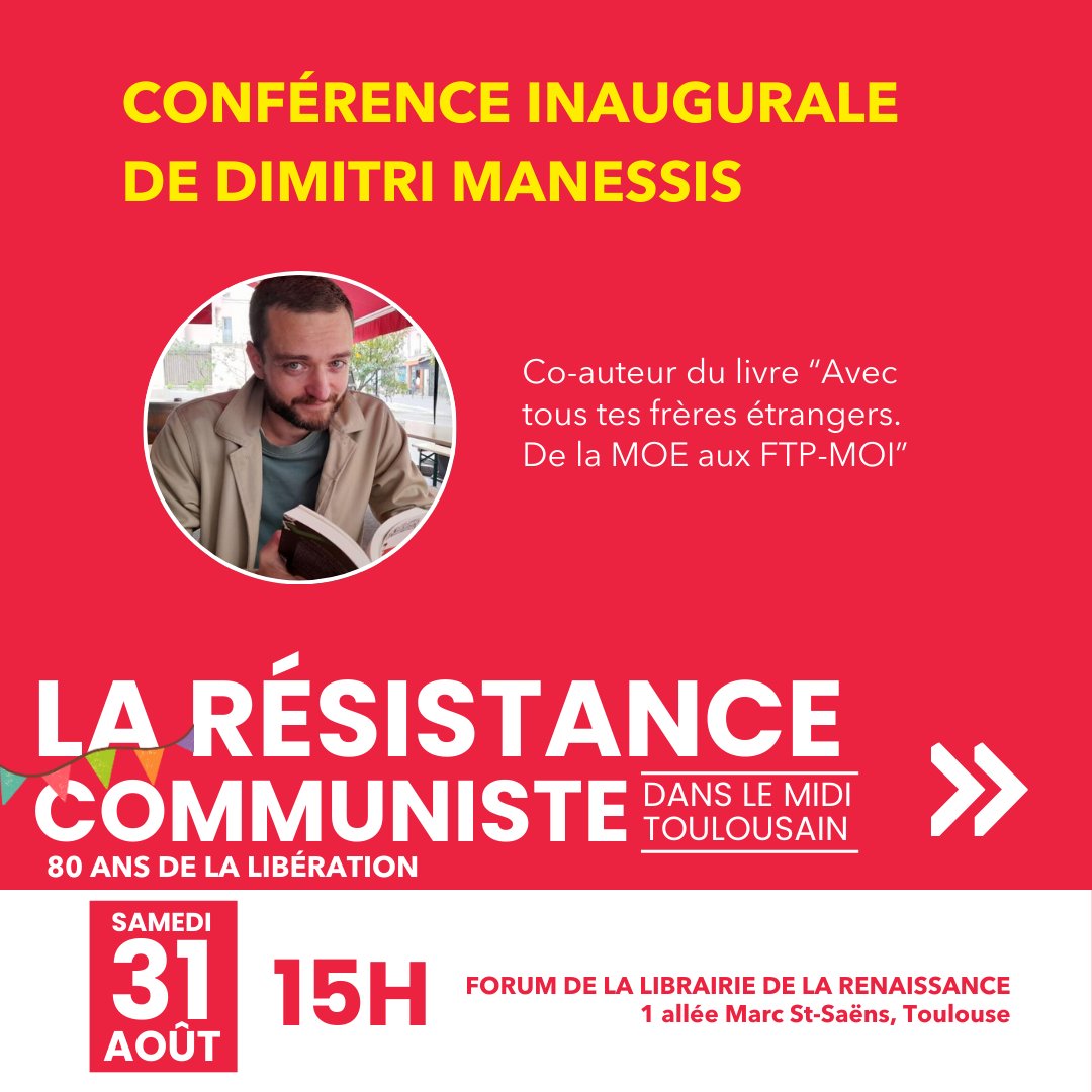 Évidemment, comme annoncé précédemment, <a href="/ManessisD/">Dimitri Manessis</a> sera bien présent demain dès 15h !

Co-auteur avec <a href="/JeanVigreux/">Jean Vigreux</a> de "Avec tous tes frères étrangers. De la MOE aux FTP-MOI" chez <a href="/LibertaliaLivre/">Éditions Libertalia</a>