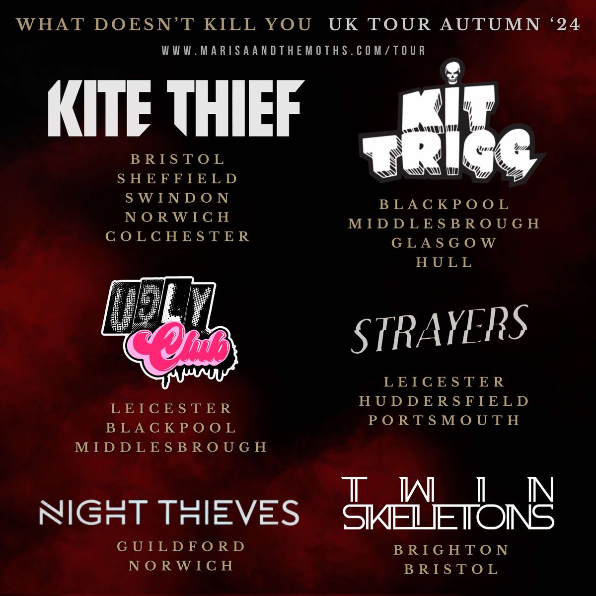 Rock People Management (@rockpeoplemgmt) on Twitter photo ✨ GIG ALERT Kit Trigg ✨
<a href="/KitTrigg/">Kit Trigg 🎸</a> are guests of <a href="/Marisa_Moths/">Marisa And The Moths</a> for 4 of their Autumn UK Album tour dates ‼
Check out all dates at:
marisaandthemoths.com/tour
#keepmusiclive ✨ GIG ALERT Kit Trigg ✨
<a href="/KitTrigg/">Kit Trigg 🎸</a> are guests of <a href="/Marisa_Moths/">Marisa And The Moths</a> for 4 of their Autumn UK Album tour dates ‼
Check out all dates at:
marisaandthemoths.com/tour
#keepmusiclive