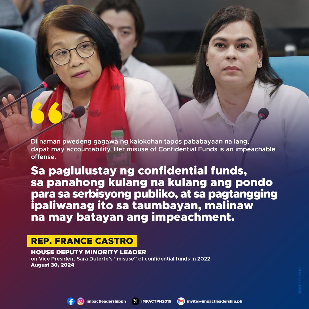 iMPACTPH2019's tweet image. &apos;MALINAW NA MAY BATAYAN ANG IMPEACHMENT&apos;

ACT Teachers Rep. France Castro criticized Vice President Sara Duterte&apos;s handling of confidential funds following the Commission on Audit&apos;s (COA) Notice of Disallowance, which identified the misuse of these funds by her office in 2022.
