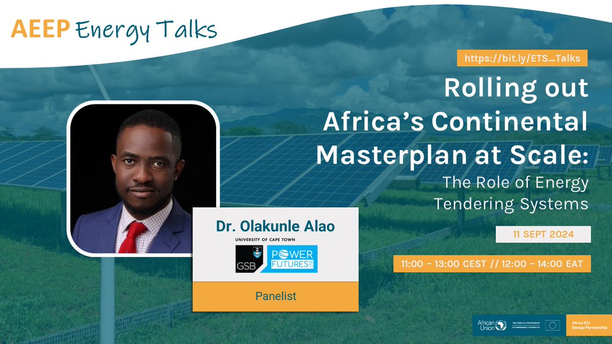 Africa-EU Energy Partnership (AEEP) (@africaeuenergy) on Twitter photo Joining our upcoming #AEEPEnergyTalks is <a href="/Olakunle_Alao_/">Dr. Kunle Alao</a> research consultant at <a href="/PowerFuturesLab/">PowerFuturesLab</a>.
Don't miss the 16th edition of the webinar which will examine the role of tendering systems in #Africa’s #energy landscape.
Register now: bit.ly/ETS_Talks Joining our upcoming #AEEPEnergyTalks is <a href="/Olakunle_Alao_/">Dr. Kunle Alao</a> research consultant at <a href="/PowerFuturesLab/">PowerFuturesLab</a>.
Don't miss the 16th edition of the webinar which will examine the role of tendering systems in #Africa’s #energy landscape.
Register now: bit.ly/ETS_Talks