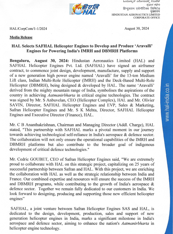vluxeinvests's tweet photo. #HAL Partners with #SAFHAL to Develop 'Aravalli' Helicopter Engines for IMRH and DBMRH Platforms 🚁

🔹Hindustan Aeronautics Ltd and SAFHAL Helicopter Engines Pvt Ltd sign a contract to develop and produce 'Aravalli' engines for India’s IMRH and DBMRH helicopters.

🔹This collaboration marks a major step in India’s journey towards achieving technological self-reliance in aerospace and defense.

🔹The engines will power HAL’s new 13-ton IMRH for the Indian Armed Forces and the 12.5-ton DBMRH for the Indian Navy, with potential expansion into #civilian markets.

#HAL #SAFHAL #Aerospace #Defense #MakeInIndia #Helicopters #IMRH #DBMRH
