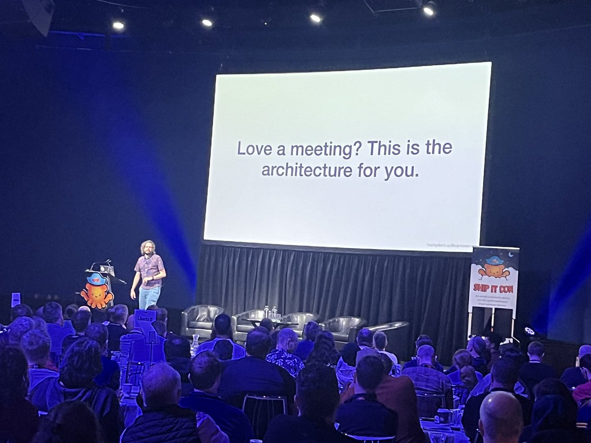 mipsytipsy's tweet image. Oh damn, i really need to be finishing my slides but @samnewman is spitting FIRE on stage about organizations that silo engineers by specialty, treating them like fungible units, and oh shit nothing works anymore. @ShipItCon