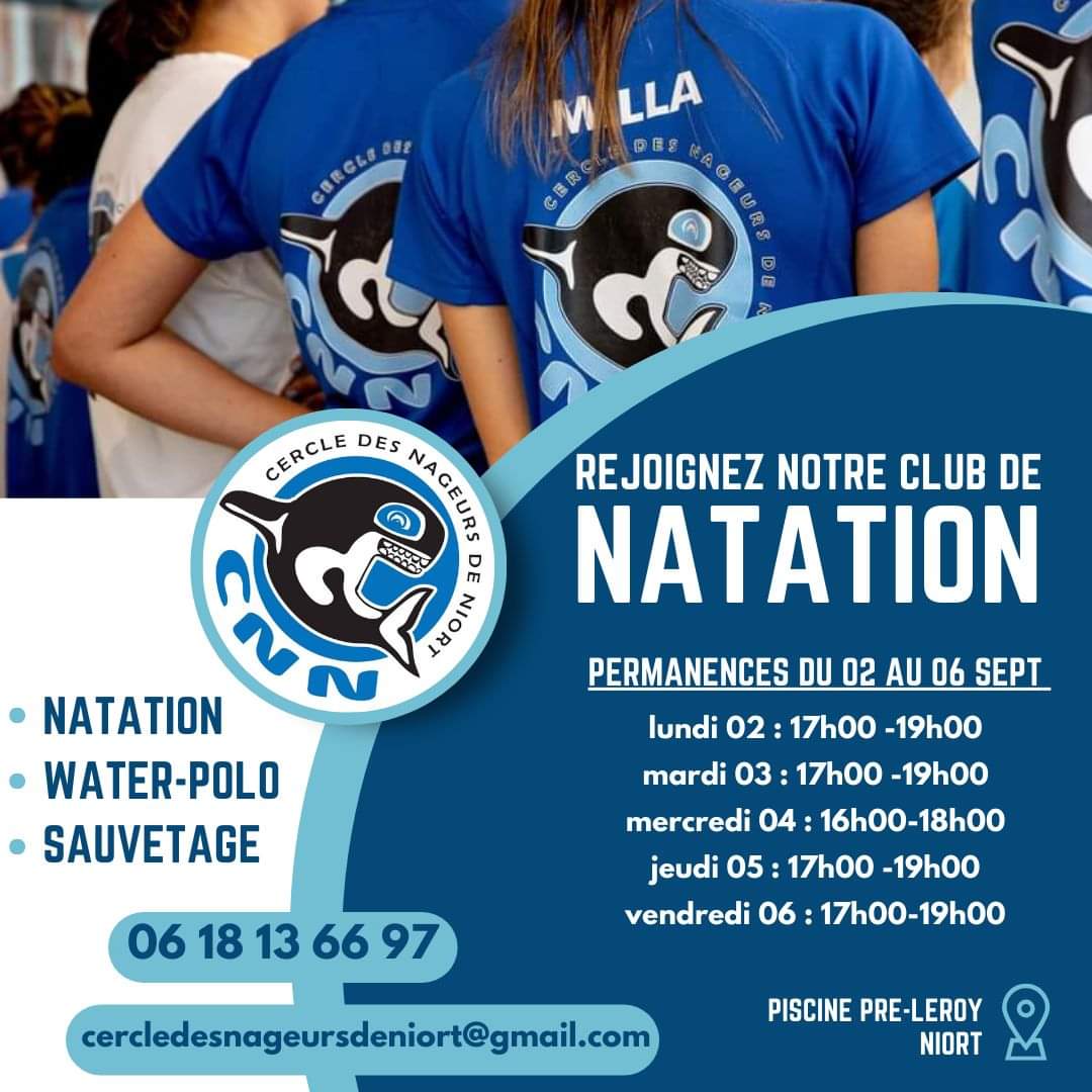 Inscriptions 2024/2025 toujours ouvertes sur notre site internet : cnniort.fr/2-non-categori…
📌 permanence du 02 au 06/09

ℹ️ + d’infos

#cnniort <a href="/e_niort/">e_niort</a> <a href="/NiortAgglo/">Niort Agglo</a>
🌐 cnniort.fr
 cercledesnageursdeniort@gmail.com
📱 06 18 13 66 97
🏊 Club Affilié FFN FFH FFSS