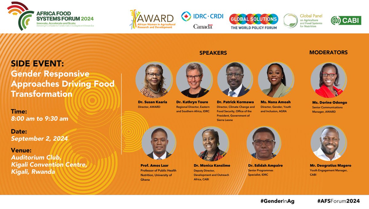 Global Solutions Initiative (@glob_solutions) on Twitter photo Excited to co-organize this key panel on "Gender Responsive Approaches Driving Food Transformation" with <a href="/AWARDFellowship/">AWARD Fellowships</a> <a href="/IDRC_CRDI/">IDRC | CRDI</a> <a href="/CABI_News/">CABI</a> & <a href="/Glo_PAN/">Global Panel</a> at <a href="/TheAGRF/">AFS Forum</a> #AFSForum2024 in Kigali. Empowering women is crucial for sustainable and prosperous agrifood systems! #GenderinAg Excited to co-organize this key panel on "Gender Responsive Approaches Driving Food Transformation" with <a href="/AWARDFellowship/">AWARD Fellowships</a> <a href="/IDRC_CRDI/">IDRC | CRDI</a> <a href="/CABI_News/">CABI</a> & <a href="/Glo_PAN/">Global Panel</a> at <a href="/TheAGRF/">AFS Forum</a> #AFSForum2024 in Kigali. Empowering women is crucial for sustainable and prosperous agrifood systems! #GenderinAg