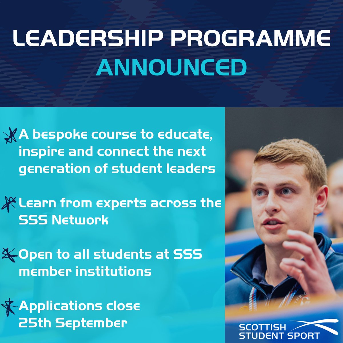 Want to be part of the next generation of student sports leaders?

Join the SSS Leadership Programme! Now in its eighth year, the course has supported countless students who have gone on to lead in sport and beyond.

Interested? Sign up here:

scottishstudentsport.com/development/le…