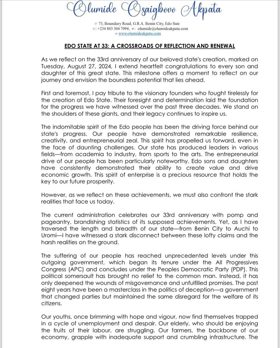 Olu4Edo2024's tweet photo. Good morning, Edolites! Today marks the 33rd anniversary of the creation of Edo State, a time for reflection and celebration. Olumide Osaigbovo Akpata, our Labour Party candidate for the upcoming gubernatorial elections, shares his heartfelt congratulations with all of us. He recognises the challenges we face as a state and urges us to make a sound decision for our future in the next 22 days. Let's come together, stay informed, and take action for the betterment of Edo State.

#EdoWillBeOK 
#EdoForChange 
#EdoPeopleMustMatter 
#EdoDecides2024