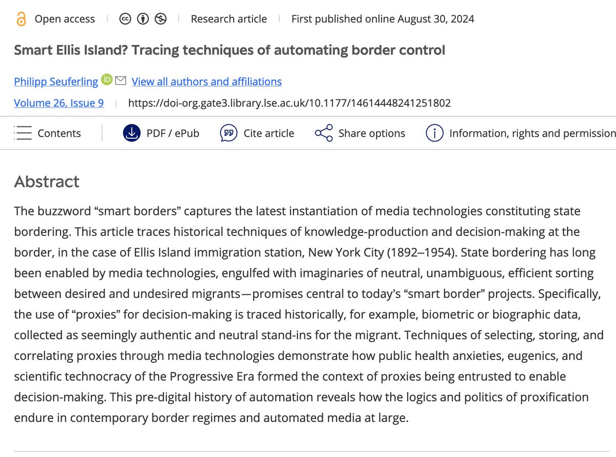 🚨📷 Very glad to (finally) see my piece on #automating #bordercontrol at #EllisIsland out in New Media &amp; Society! #openaccess! 
doi.org/10.1177/146144…

And do check out the fantastic special issue on "Automating Communication in the Digital Society"!