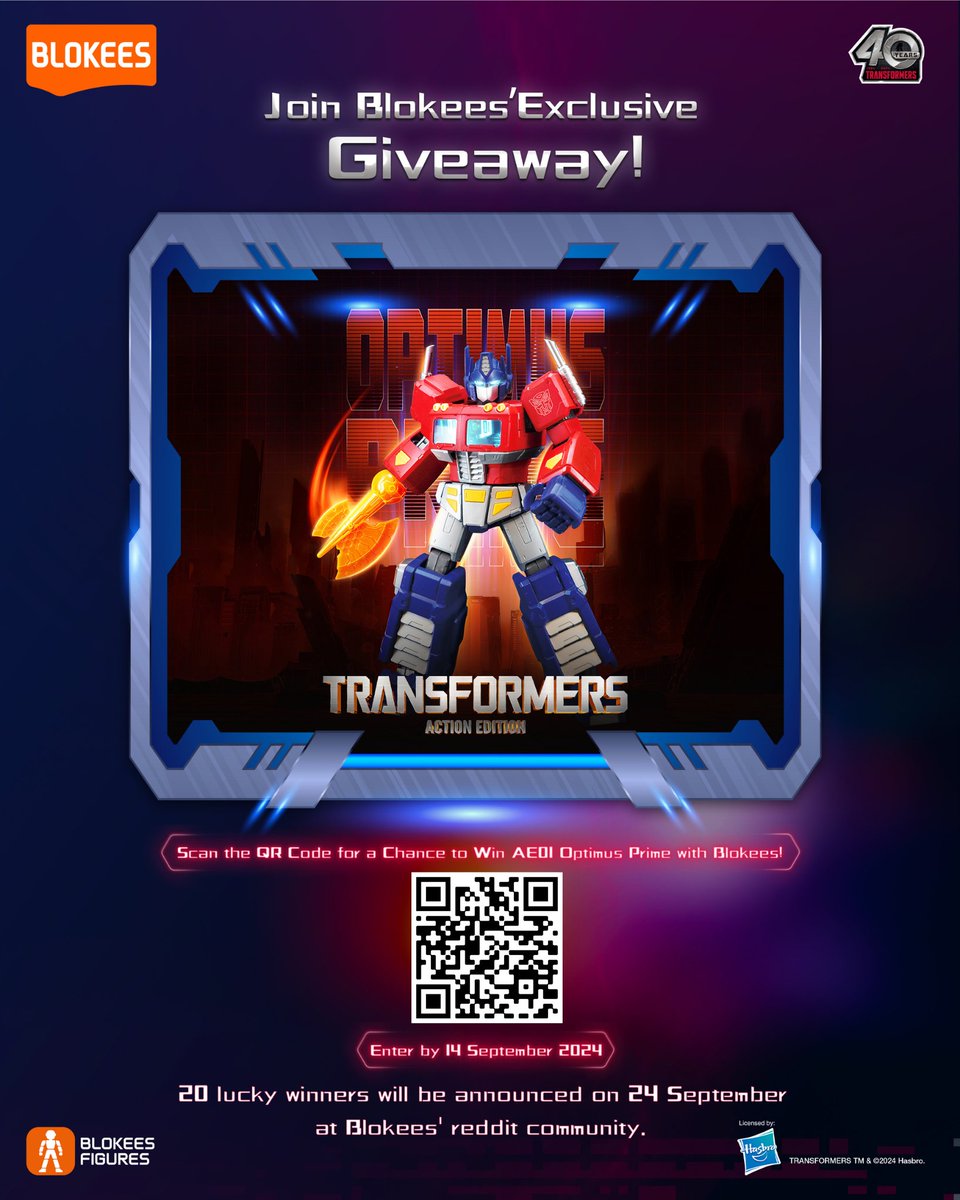 Join the exclusive #TransformersOne Giveaway, hosted by Blokees!
Win an Action Edition 01 Optimus Prime Box! 🎉 Be one of 20 lucky winners. Retweet this to get 30 entries!

Scan the QR code to enter now!
#Blokees #TransformersOne 

Link: gleam.io/oOHPv/blokees-…