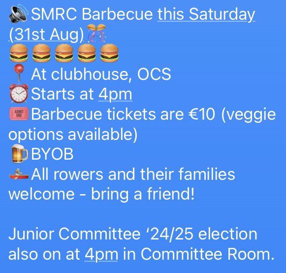 Join us at O’Callaghans Strand this Saturday for our SMRC Barbecue! 

Details below!
