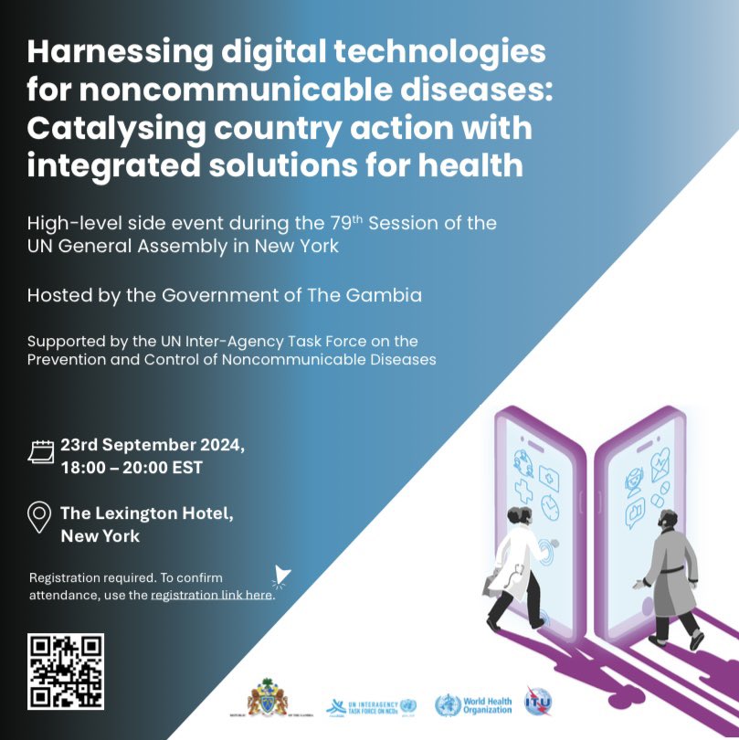 🚨🚨🚨 SAVE THE DATE 🚨🚨🚨

«Harnessing digital technologies for non-communicable diseases: Catalyzing country action with integrated solutions for health» New York, 23 September 2024. 

This meeting will convene Member States, UN agencies and key development and industry