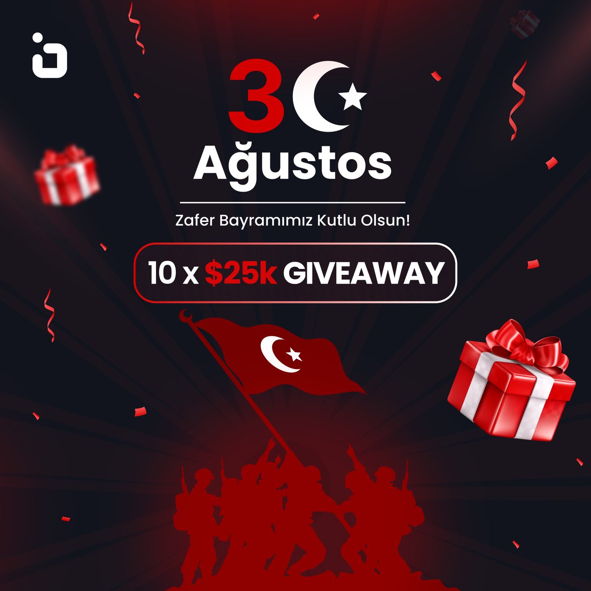 30 AĞUSTOS ZAFER BAYRAMI KUTLU OLSUN! 

Vatan uğruna canlarını veren tüm şehitlerimizin ruhları şad olsun! 🇹🇷

Bu güzel günü 10 x 25.000$'lık bir Challenge Çekilişiyle kutlamak istiyoruz! 

10 x 25.000$ ÇEKİLİŞİ

1. <a href="/BrightFunded/">BrightFunded</a> <a href="/BrightFundedTR/">BrightFunded - Türkiye</a>'yi takip edin 
2. Bir arkadaşınızı