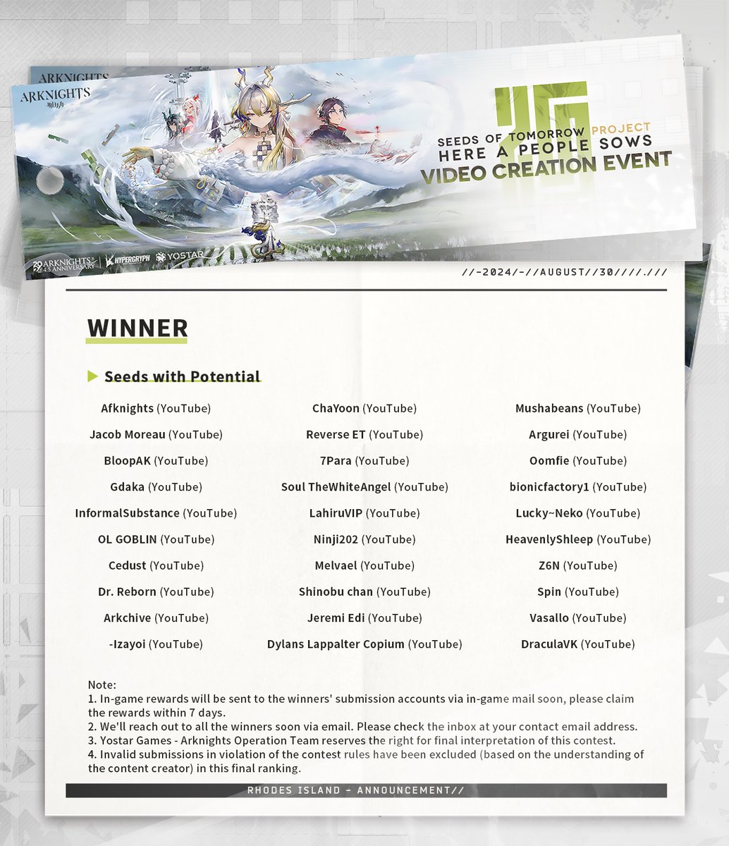 ArknightsEN's tweet photo. Dear Doctor,
Here is the winners' list for the Seeds of Tomorrow Project - HERE A PEOPLE SOWS Video Creation Event. Thank you to everyone who participated and voted, and congratulations to all the winners!

#Arknights #Yostar #ArknightsCelebration #SeedsofTomorrow https://t.co/vGaaTLtCBZ
