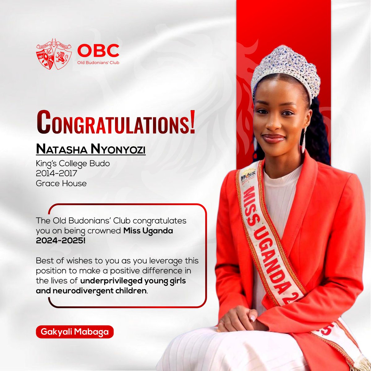Congratulations Natasha! 
Your Intelligence, confidence, and elegance have truly shone through. Keep inspiring and dazzling the world! #Budonian

Gakyali Mabaga