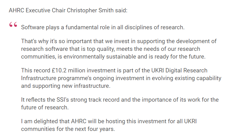 Arts and Humanities Research Council (@ahrcpress) on Twitter photo AHRC will lead the fourth phase of funding for the Software Sustainability Institute.
A £10.2 million investment will enable <a href="/SoftwareSaved/">Software Sustainability Institute</a> to continue its vital work improving software in research.
Find out more: orlo.uk/GIQHX AHRC will lead the fourth phase of funding for the Software Sustainability Institute.
A £10.2 million investment will enable <a href="/SoftwareSaved/">Software Sustainability Institute</a> to continue its vital work improving software in research.
Find out more: orlo.uk/GIQHX