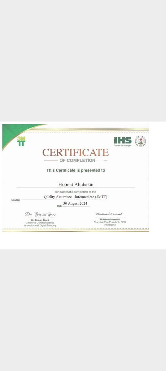 Abubakar Hikmat (@abubakar_hikmat) on Twitter photo Alhamdulillah
Quitters never win, despite the challenges of going through all the course outline. I'm excited to have completed the course. Thank you for this great privilege <a href="/bosuntijani/">Dr. 'Bosun Tijani</a> <a href="/3MTTNigeria/">3MTT Nigeria</a> <a href="/IHSTowers/">IHS Towers</a> #3MTT×IHS. Unto the next level Alhamdulillah
Quitters never win, despite the challenges of going through all the course outline. I'm excited to have completed the course. Thank you for this great privilege <a href="/bosuntijani/">Dr. 'Bosun Tijani</a> <a href="/3MTTNigeria/">3MTT Nigeria</a> <a href="/IHSTowers/">IHS Towers</a> #3MTT×IHS. Unto the next level