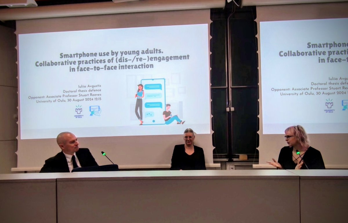 samiraibnelkaid's tweet image. 🤓 Excited to attend @IuliiaAvgustis excellent PhD defense 🎓on #SmartphoneUse by #YoungAdults.
Such a beautiful work she has done 🙌
@UniOulu @SmartComProject @olofflo @5tuartreeves