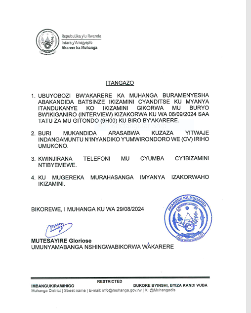Muhangadis's tweet photo. Ubuyobozi bw’Akarere buramenyesha Abakandida batsinze ikizamini cyanditse ku myanya itandukanye, ko ikizamini gikorwa mu buryo bw’ikiganiro (Interview) kizakorwa ku wa 06.09.2024 saa tatu (9h00) za mu gitondo ku Biro by’Akarere. https://t.co/7Xrt7syBaW