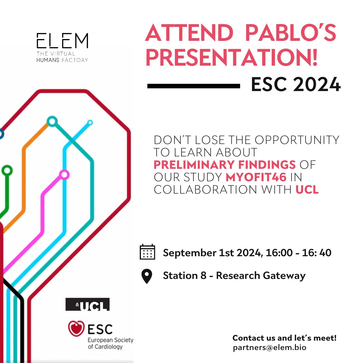 ELEM_Biotech (@elem_biotech) on Twitter photo ELEM is ready for #ESC2024! 🚀 Join us our CEO in #London until Sept 2nd and don't miss Pablo's MyoFit46 study presentation realised with UCL:
🗓 Sept 1, 16:00-16:40
📍 Station 8 - Research Gateway
Questions? Contact partners@elem.bio
Learn more: 🔗 esc365.escardio.org/ESC-Congress/s… ELEM is ready for #ESC2024! 🚀 Join us our CEO in #London until Sept 2nd and don't miss Pablo's MyoFit46 study presentation realised with UCL:
🗓 Sept 1, 16:00-16:40
📍 Station 8 - Research Gateway
Questions? Contact partners@elem.bio
Learn more: 🔗 esc365.escardio.org/ESC-Congress/s…